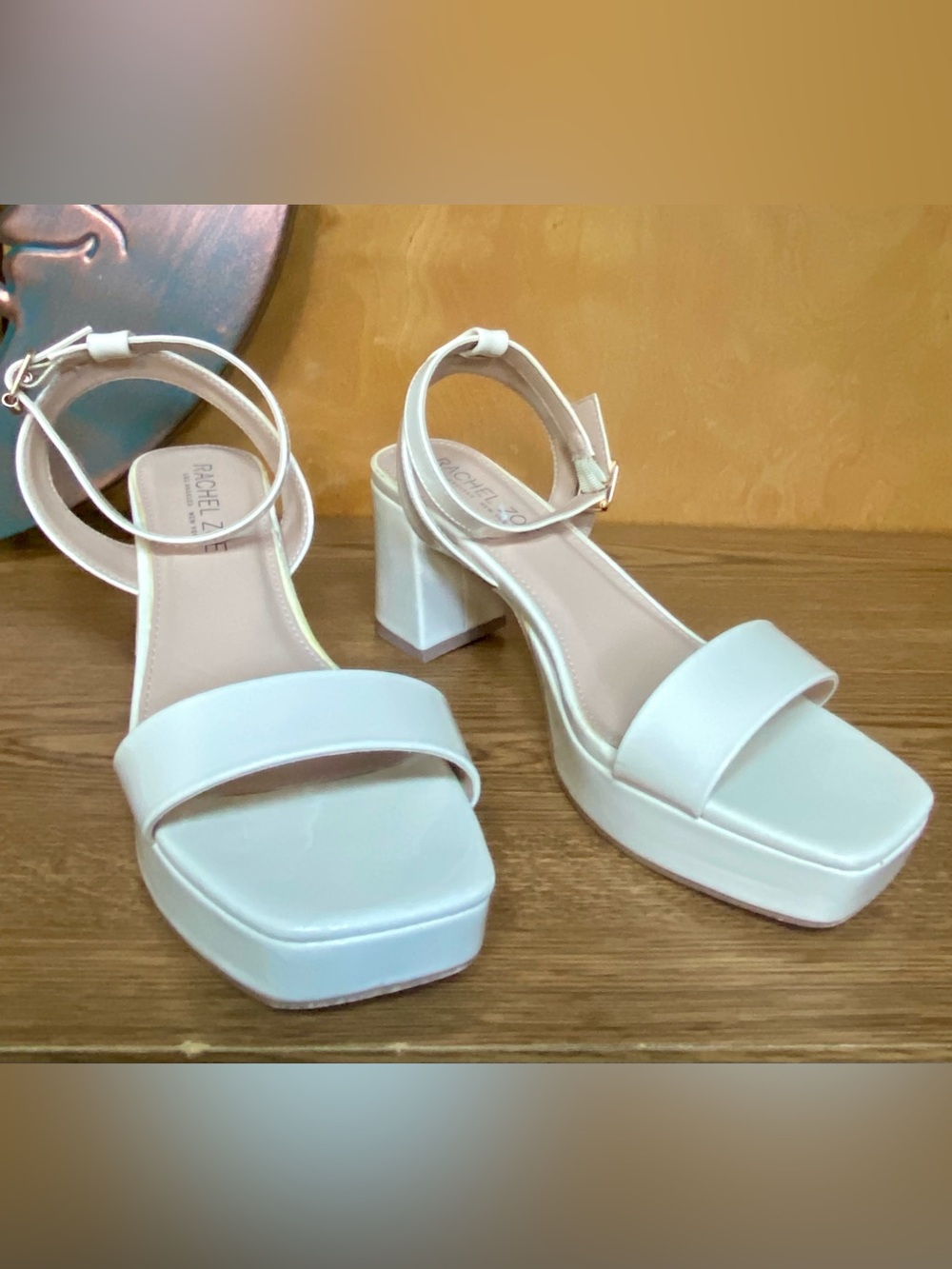 Rachel Zoe Ivory Block Heel Platform Sandals with Ankle Strap | Size 9M